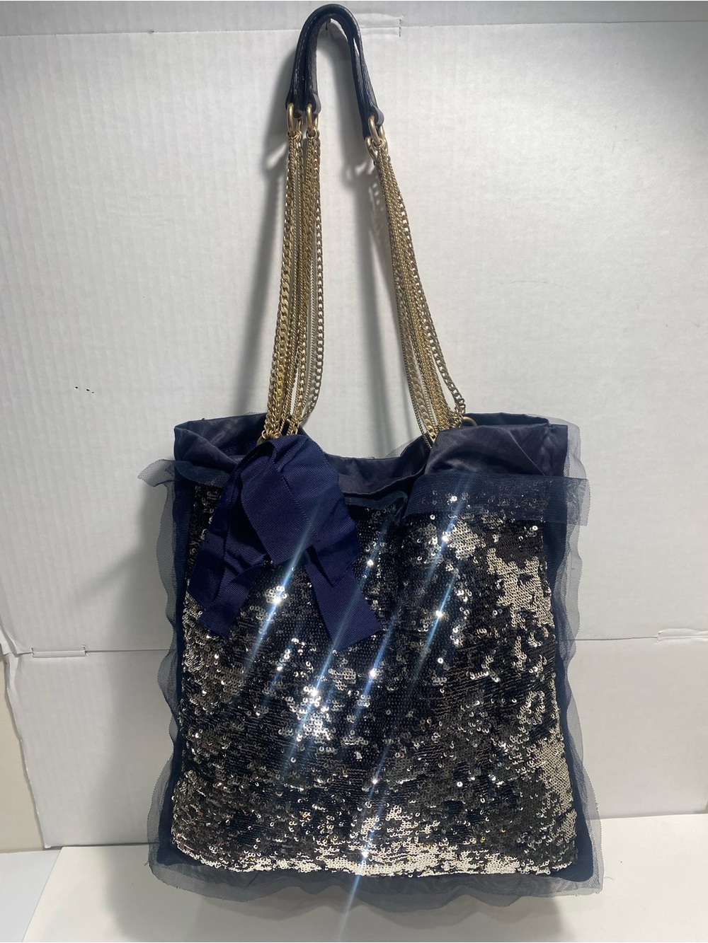 J.Crew Collection Navy Sequin Gold Chain Shoulder Tote Bag